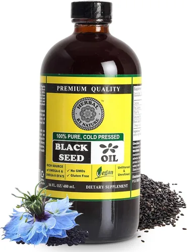 Aceite de semilla negra pura – 100% puro Nigella sativa – prensado en frío – vegano – sin OMG – 16 oz – en botella de vidrio – Herbal by Nature