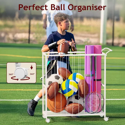 Miniatura 6 de Homsorout Cesta de almacenamiento de bolas, carrito de pelotas deportivas rodantes, organizador de garaje de metal, almacenamiento de canasta