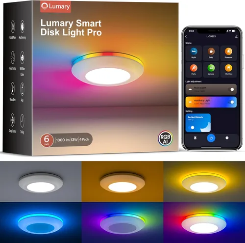 Lumary Luz de disco LED inteligente de 5/6 pulgadas, paquete de 4 unidades, iluminación empotrada inteligente WiFi que cambia de color con anillo
