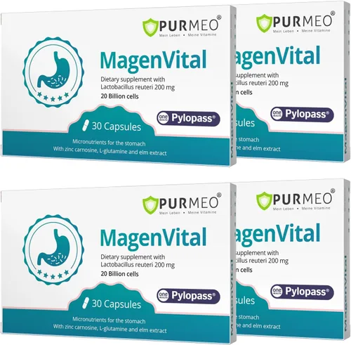 purmeo MagenVital Pylopass H. Pylori Suplemento probiótico - 1 por día - Gastritis, reflujo ácido, acidez estomacal, reparación del revestimiento