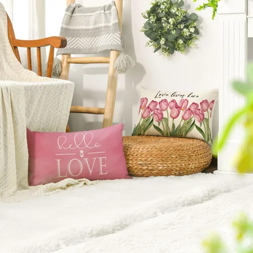 Miniatura 5 de AVOIN colorlife Hello Love - Juego de 4 fundas de almohada para bicicleta, diseño de tulipanes rosados, 16 x 16 pulgadas, diseño de flores