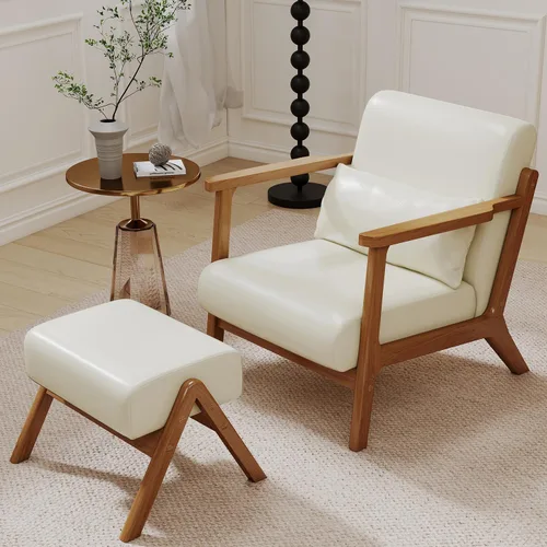 Moderno juego de silla decorativa y otomana, sillón tapizado de piel sintética de mediados de siglo con marco de madera maciza y cómodo cojín para