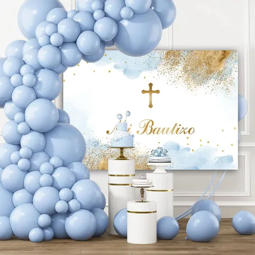 Miniatura 7 de Sendy Telón de fondo de 7 x 5 pies, decoración de fiesta de bautismo mexicano, Dios bendiga al niño, primera comunión, nubes de acuarela azul, fondo