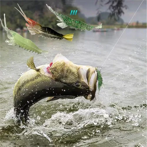 Miniatura 4 de Juego de 30 señuelos de plástico suave para pesca de simulación, juego de señuelos de camarón Lumionous, tamaño universal de 3.2 pulgadas, 1/8 Lumous