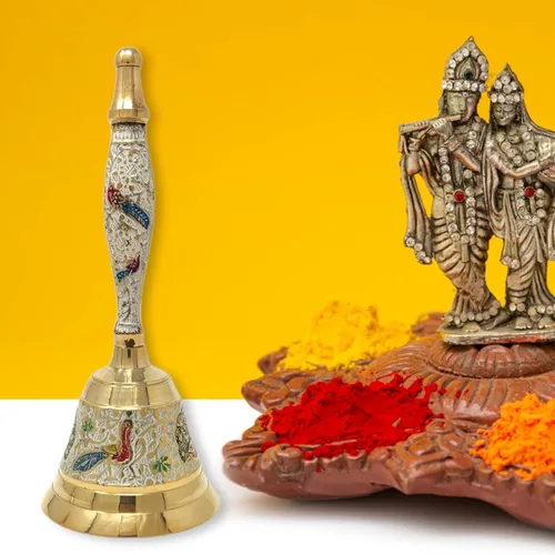 Miniatura 3 de Hashcart Campana de mano de latón Campana Puja para Mandir Pooja Ghanti indio para decoraciones de templos Diwali Campanas de Navidad