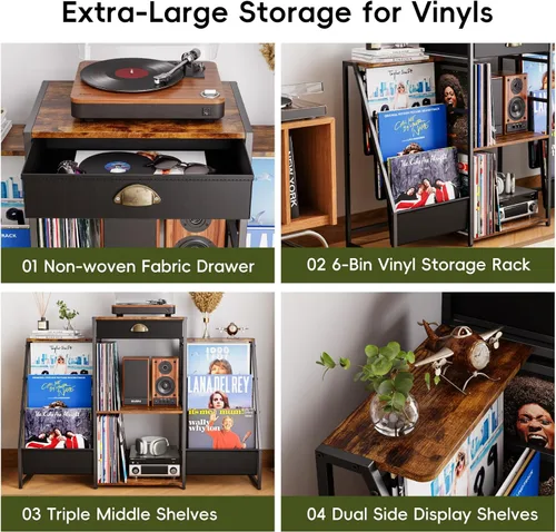 Miniatura 5 de JunVpic Soporte para tocadiscos con almacenamiento de vinilo, mesa de discos con soporte, estante y cajón de almacenamiento de vinilo de 6