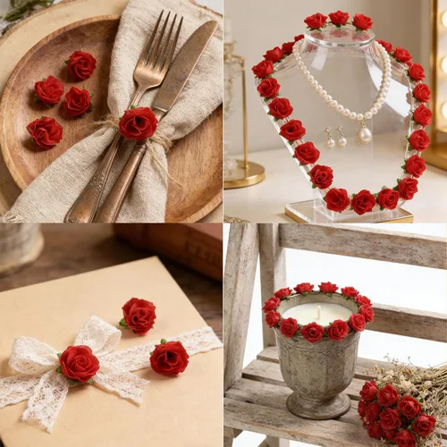 Miniatura 5 de SITUMEIZI 100 rosas artificiales de 1.3 pulgadas con cabeza de rosa roja falsas para decoración de bodas, gorras de graduación, pasteles, pared