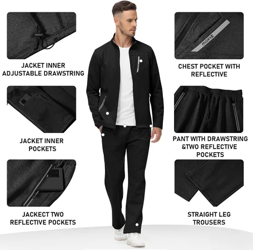 Miniatura 5 de MoFiz Conjunto deportivo para hombre, manga larga, casual, con cremallera completa, para correr, deportivo, 2 piezas