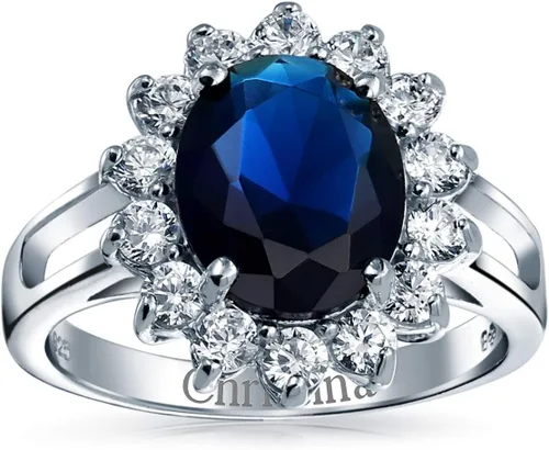 Miniatura 20 de Anillo de compromiso de plata de ley 925 personalizable con halo de corona ovalada de 5 a 7 quilates con circonita cúbica simulada de zafiro azul