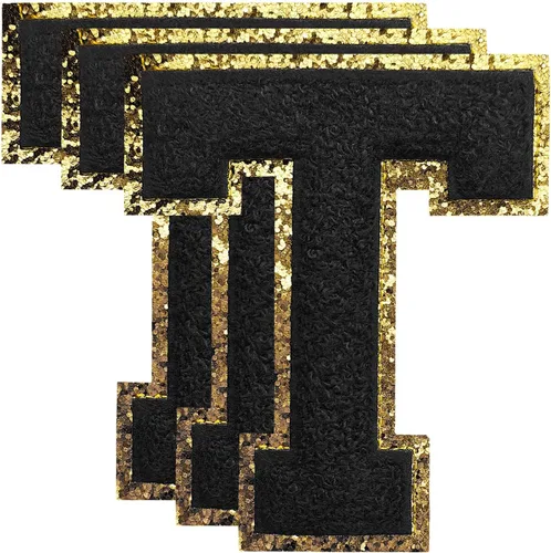 Miniatura 144 de 3 parches de números de chenilla negra, tamaño grande de 4-1/2" parches de números para planchar, parches universitarios para ropa, 8" Borde oro rosa