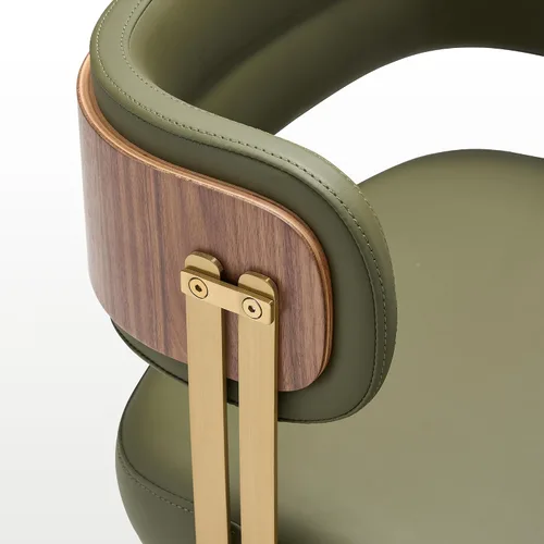 Miniatura 4 de Juego de 2 sillas de comedor de cuero tapizadas modernas con cojín de espuma de alta resistencia, chapa de madera de nogal y patas de metal dorado