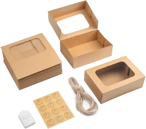 Miniatura 6 de YEKTFS 24 piezas de cajas para galletas con ventana para regalos de papel, cajas de regalo marrón para panadería de 9 x 6.3 x 3 pulgadas, fácil