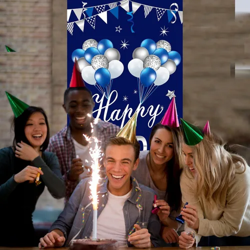 Miniatura 4 de Turypaty Cartel de feliz cumpleaños azul plateado para puerta para hombres y niños, suministros de fiesta de cumpleaños 16, 21, 30, 40, 50, 60