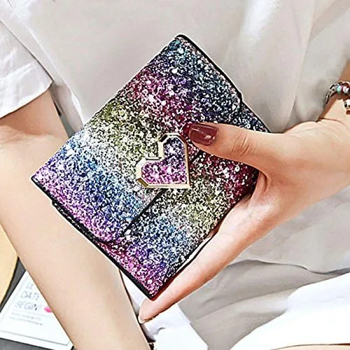 Miniatura 2 de Bestmaple Cartera pequeña de cuero sintético con lentejuelas de metal multicolor para mujeres y niñas, monedas, monedas, monedas, Botón de corazón.