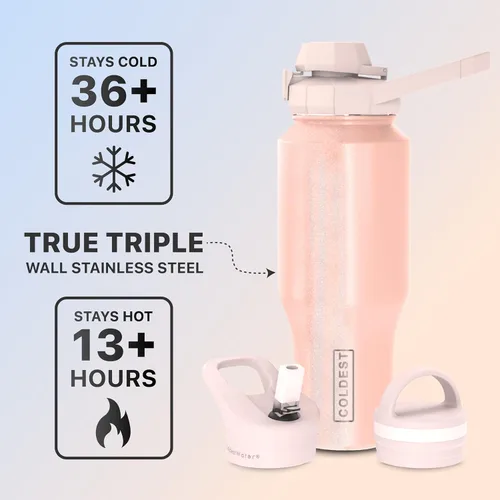 Miniatura 2 de La Botella de Agua Deportiva Más Fría - Tapas 3 en 1 (Trago, Popote, Asa) - Vaso Termo Aislado de Acero Inoxidable con Asa - Taza de Botella de Agua