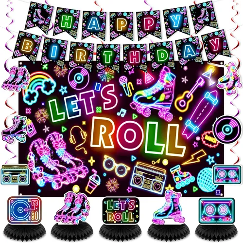 Decoraciones de fiesta de patinaje sobre ruedas, letrero de feliz cumpleaños, letrero de feliz cumpleaños, telón de fondo retro de patinaje sobre