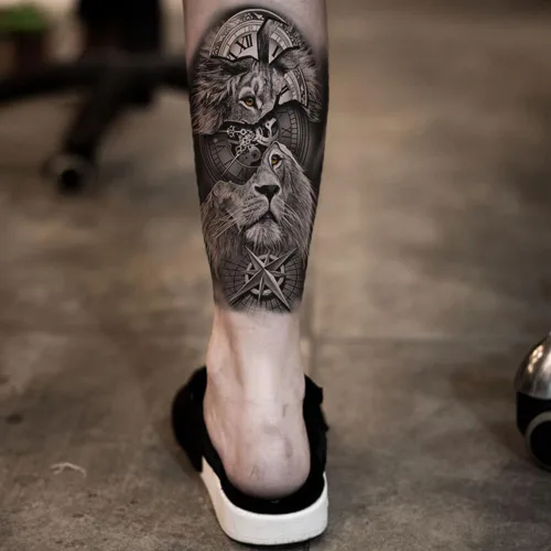 Miniatura 6 de 8 hojas de tatuajes temporales de león, lobo, tigre, para hombres y adultos, brújula de vida silvestre realista, calcomanías falsas de tatuaje