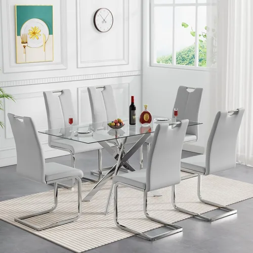 Miniatura 9 de Juego de mesa de comedor de cristal negro de 51 pulgadas para mesa de cocina de 4,5 piezas y sillas con patas de metal y 4 sillas de comedor de piel