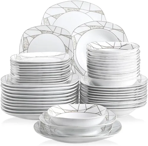 Miniatura 19 de VEWEET, Serie Fiona - Juego de vajilla de 30 piezas para 6 personas, blancos con rayas negras y grises, vajilla de porcelana de platos de postre