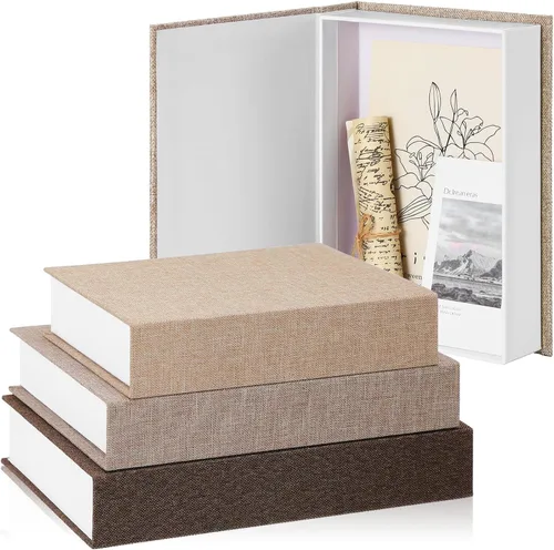 Miniatura 13 de Tioncy Caja de libros falsos de lino neutro, 3 piezas, decoración de imitación para decoración del hogar, estantes, mesa, tarjetas, fotos, regalo