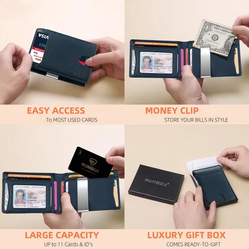 Miniatura 37 de RUNBOX - Carteras delgadas para hombre, cartera de piel con pinza para el dinero, cartera de bolsillo frontal con bloqueo RFID, tarjetero