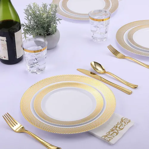 Miniatura 7 de FOCUSLINE Juego de vajilla de oro de 175 piezas para 25 invitados - Platos desechables de plástico con rejilla dorada, incluye 25 platos para cena