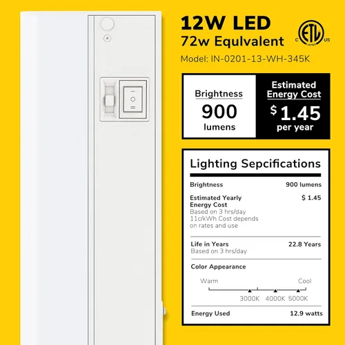 Miniatura 2 de GetInLight Luces LED regulables para debajo del gabinete, solo cableado, de 3 colores, de 24 pulgadas, blanco suave (3000 K), blanco brillante