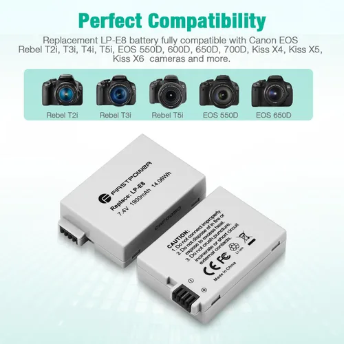 Miniatura 3 de FirstPower Paquete de 2 baterías LP-E8 compatibles con Canon EOS Rebel T5i, T4i, T3i, T2i, EOS 550D, 600D, 650D, 700D, Kiss X4, Kiss X5, Kiss X6