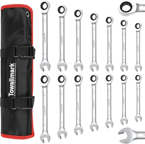 Towallmark Juego de llaves de trinquete de 14 piezas, juego de llaves métricas de cabeza fija, métricas de 0.236-0.748 in, juego de llaves de