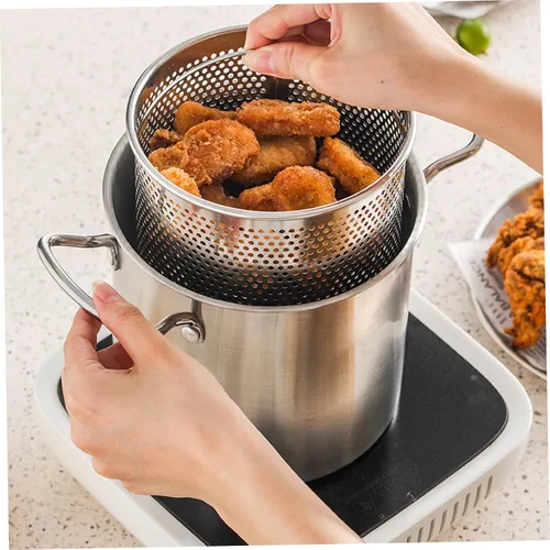 Miniatura 5 de Olla para freír con cesta, olla de 3.5 litros de acero inoxidable pequeña freidora profunda con mango antiquemaduras olla de pescado y cesta