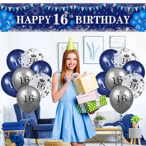 Miniatura 5 de Decoraciones azules de cumpleaños número 16 para niños y niñas - Pancarta feliz azul marino plateado y globos para suministros de fiesta