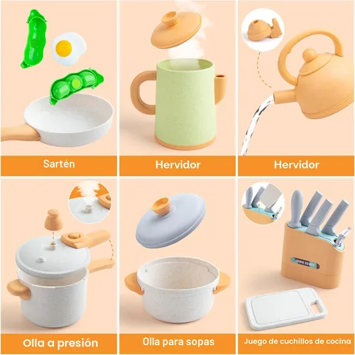 Miniatura 3 de Accesorios de cocina de juguete para niños, 42 piezas de juego de cocina para niños pequeños, juego de cocina con ollas y sartenes a presión, juego