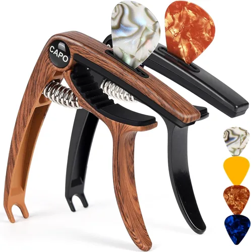Miniatura 10 de AARVI Cejilla de guitarra de 6 cuerdas para guitarras acústicas y eléctricas, abrazadera universal con 4 púas de alta calidad, compatible con Negro