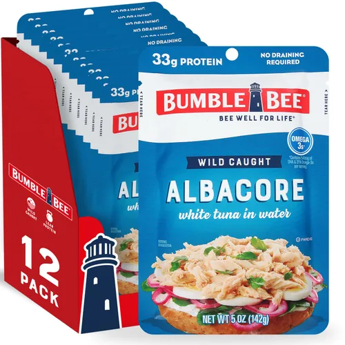 Miniatura 17 de Bumble Bee - Atún blanco de aleta Albacore en agua en sobres de 71 g - Paquete de atún capturado de forma salvaje listo para comer - 16 g