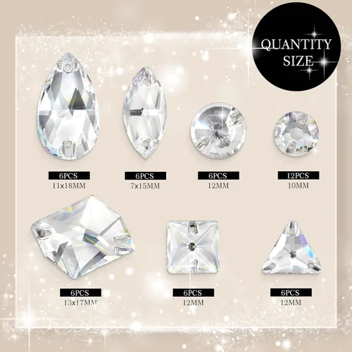 Miniatura 2 de 48 piezas de diamantes de imitación para coser, diamantes de imitación de cristal de formas mixtas con parte trasera plana, para coser en gemas