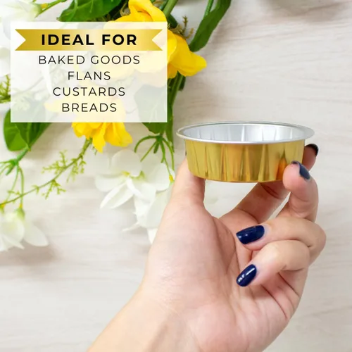 Miniatura 5 de Tazas pequeñas de aluminio para hornear, color dorado, de 2 onzas, 100 unidades, mini ramequines desechables, platos pequeños de crema brulee