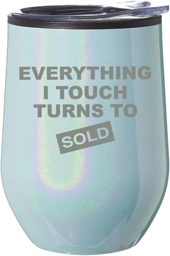 Stemless Wine Tumbler Coffee Travel Mug Glass With Lid Gift Everything I Touch Turns To Sold Sales Real Estate Agent Sales (Blue Glitter)