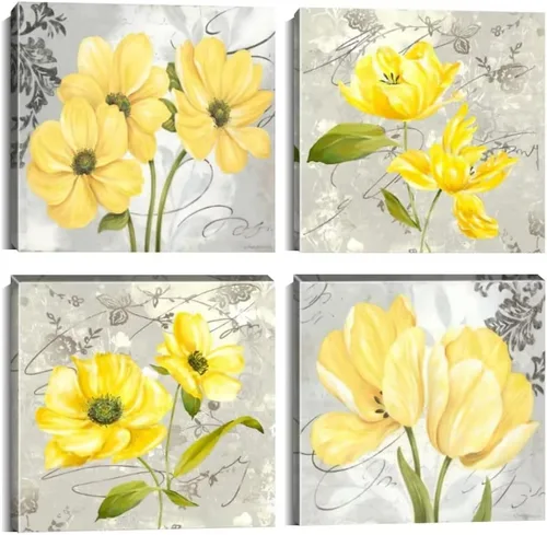 Miniatura 12 de Wall HDQ Arte de pared de flores para baño, dormitorio, sala de estar, decoración de pared azul y naranja, pintura floral, lienzo impreso, imagen