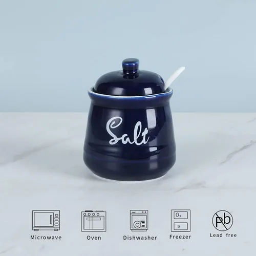 Miniatura 3 de Farmhouse - Sal de porcelana con tapa y cuchara, 12 onzas, fácil de limpiar (azul marino)