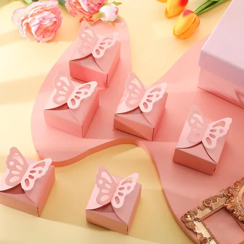 Miniatura 5 de Fulmoon 100 cajas de regalo de mariposa para baby shower, cajas de regalo de mariposa rosa, caramelo rosa, regalo de baby shower con 100 etiquetas
