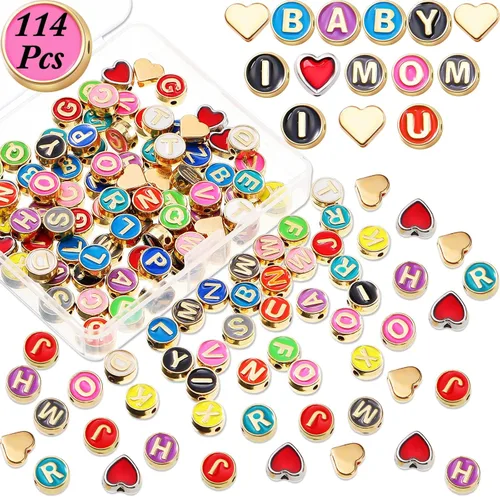 Miniatura 9 de Sureio 114 piezas de cuentas de letras del alfabeto de aleación 8 mm planas redondas con letras de la A a la Z, cuentas de metal chapado con inicial