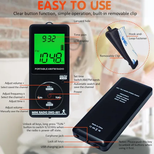 Miniatura 4 de Mini radio portátil personal AM/FM con pantalla LCD de sintonización digital y tiempo de retroiluminación, radio de bolsillo recargable SWDSTP