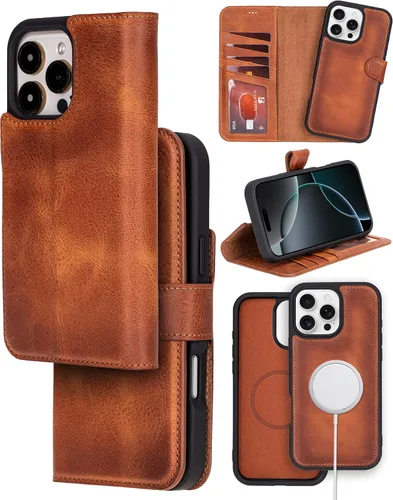 Miniatura 16 de Bayelon Funda tipo cartera para iPhone 15 Pro Max, de cuero de grano completo, cubierta abatible magnética desmontable, tarjetero, funda tipo Marrón