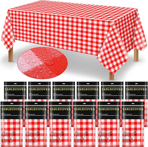 Mantel rectangular desechable de plástico a cuadros, 12 piezas, 54 x 108 pulgadas, 8 pies, impermeable, para picnic, barbacoa, vacaciones, fiesta de
