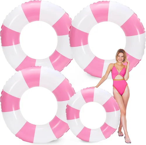 Miniatura 19 de Whaline Flotador inflable de natación de 4 piezas, anillo de natación a rayas, divertido estampado para piscina, tumbona, tubo para verano, Azul