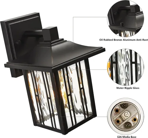 Miniatura 2 de Luces de porche al aire libre, luces de pared exterior para montaje en pared, iluminación impermeable para patio con vidrio ondulado de agua