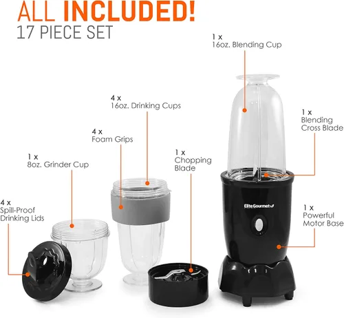 Miniatura 3 de Elite Gourmet EPB-1800A# - Mezclador personal de 17 piezas, licuadora deportiva de 16 onzas de capacidad, incluye cuchilla para cortar y mezclar