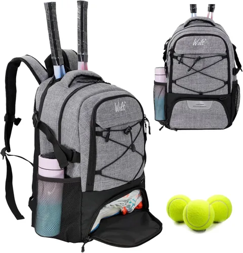 Mochila para raqueta de tenis WOLT - Mochila grande para raqueta de tenis para hombres y mujeres - Compartimento ventilado para zapatos - Capacidad