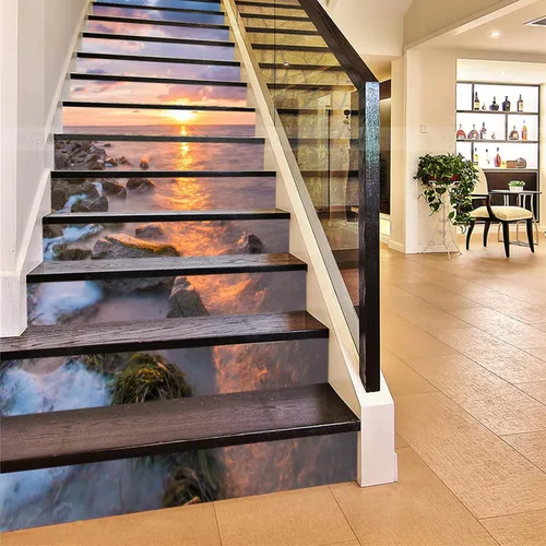 Miniatura 2 de artfanke 13 piezas de calcomanías de escalera 3D de amanecer en la costa del océano - Adhesivos para escaleras de pelar y pegar - Adhesivos