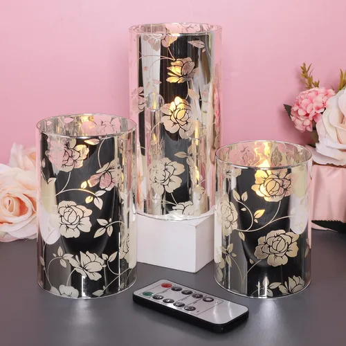 Miniatura 9 de Velas de Cristal Florales Sin Llama Rosa Románticas Operadas con Batería con Control Remoto Parpadeantes LED Plateadas Vela de Pilar de Cera Real